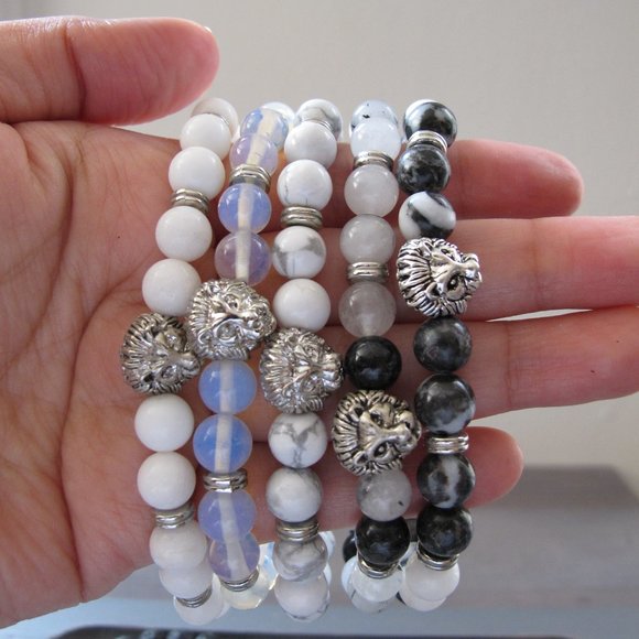 Tourmaline Quartz Beads Gemstone Bracelets Silver Lion Charm Mens Bracelet - Picture 5 of 5